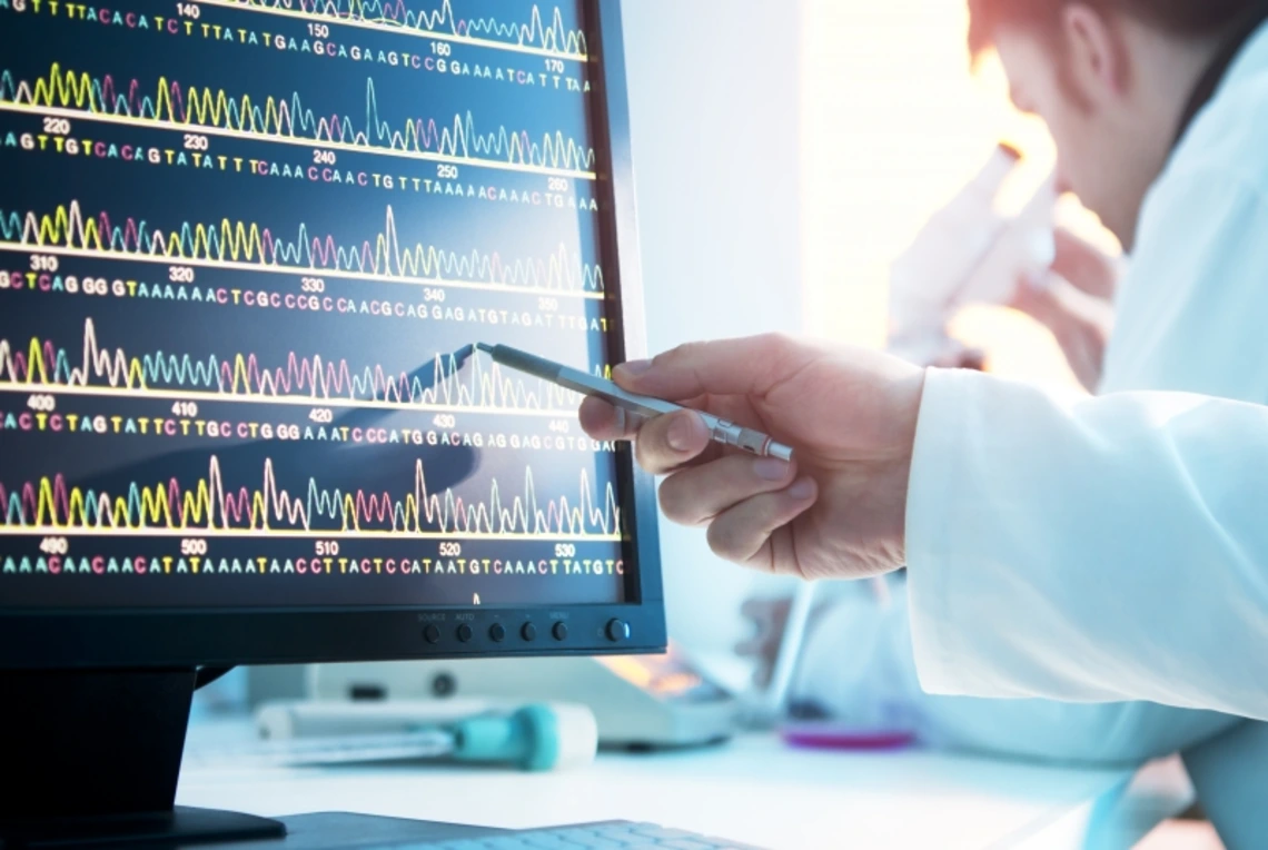 A hand holding a pencil pointing at data displayed on a monitor