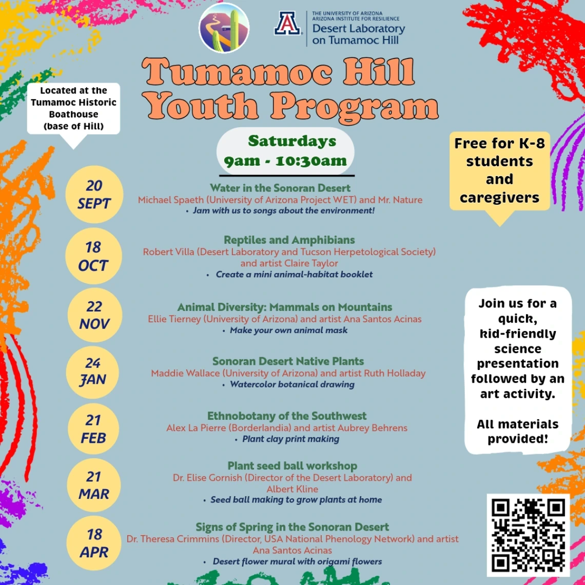Schedule of Tumamoc Hill Youth Program. 2026 Dates: Jan. 24th - Sonoran Desert Native Plants. Feb. 21 - Ethnobotany of the Southwest. Mar. 21 - Plant Seed Ball Workshop. Apr. 18 - Signs of Spring in the Sonoran Desert