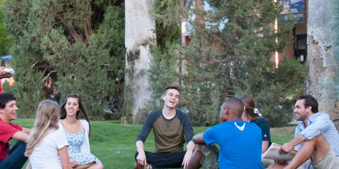 Photos of students sitting in a circle outdoors, engaging in conversation