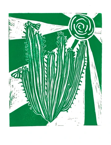 Green and white Senita cactus and moths print