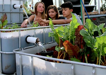 School garden workshop students working on garden bed