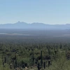 a midday, sunny view of a desert landscape with saguaros and distant ponds and a mountain ridgeline in the background 