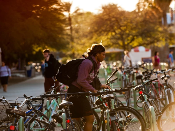 A student parking their bike on the UArizona campus at sunset.