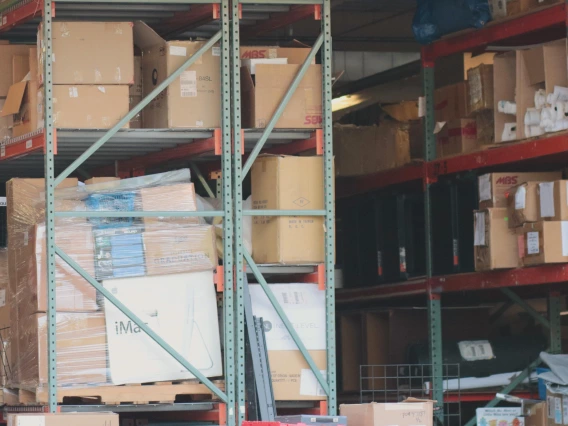 Warehouse shelves stocked with previously used items for sale