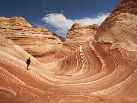Adult male tourist hikes across the striated sandstone rock formations known as the Wave