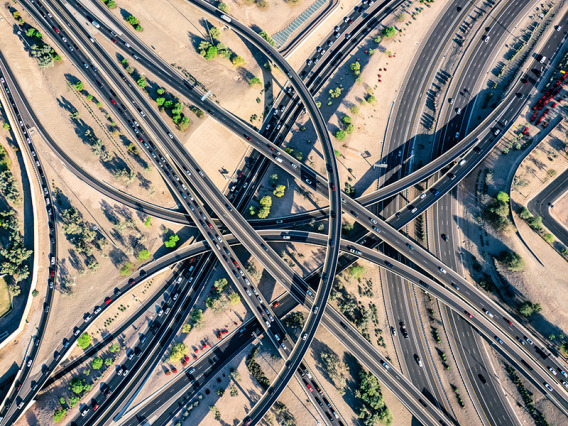 A bird's-eye view of multiple highway interchanges