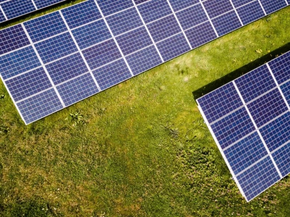 Solar panels in a grassy field