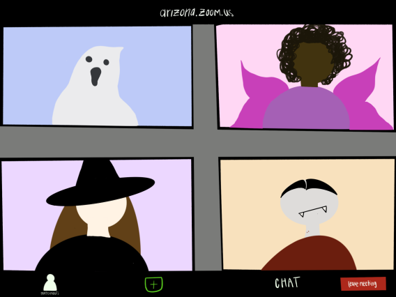 Illustrated image of costumed people in a Zoom call
