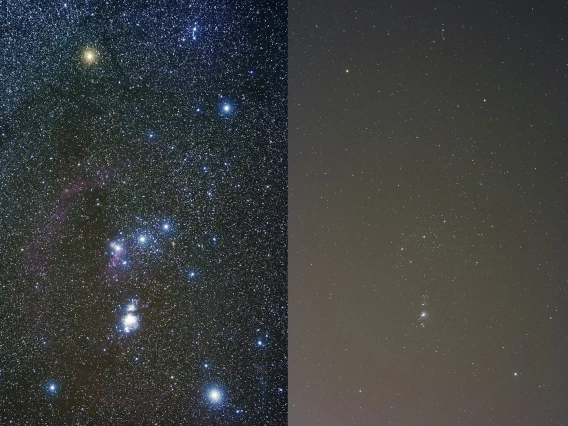 Stars in the night sky with low and high light pollution