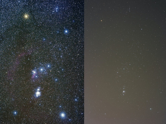 Stars in the night sky with low and high light pollution