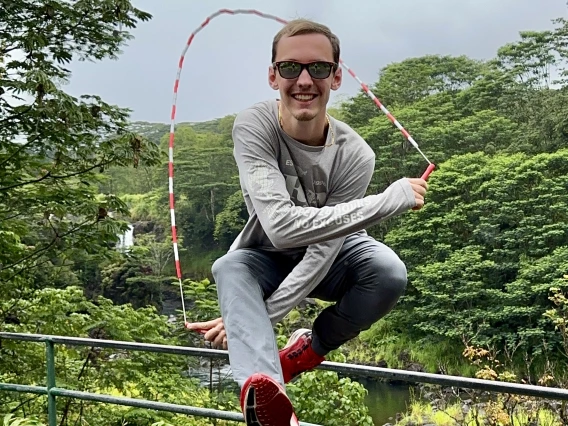 Roger Palmenberg jumping rope outside