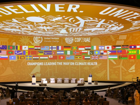 COP28 Conference Room with participating flags