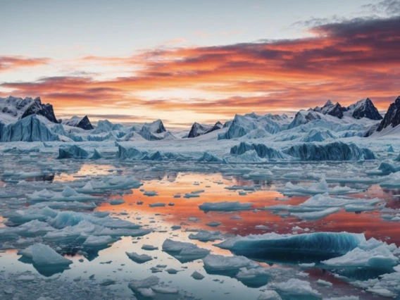 Sunset over frozen water