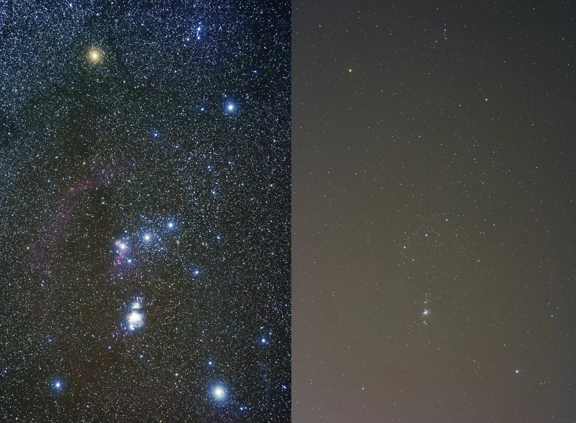 Stars in the night sky with low and high light pollution