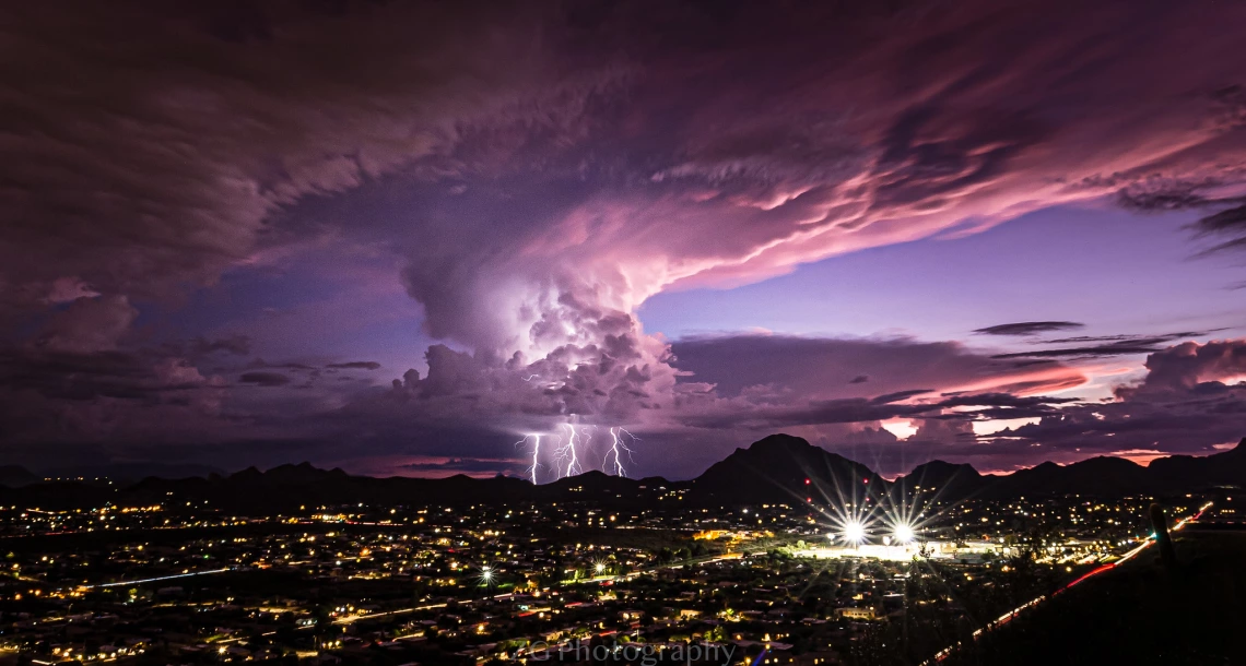 Monsoon over Tucson at night