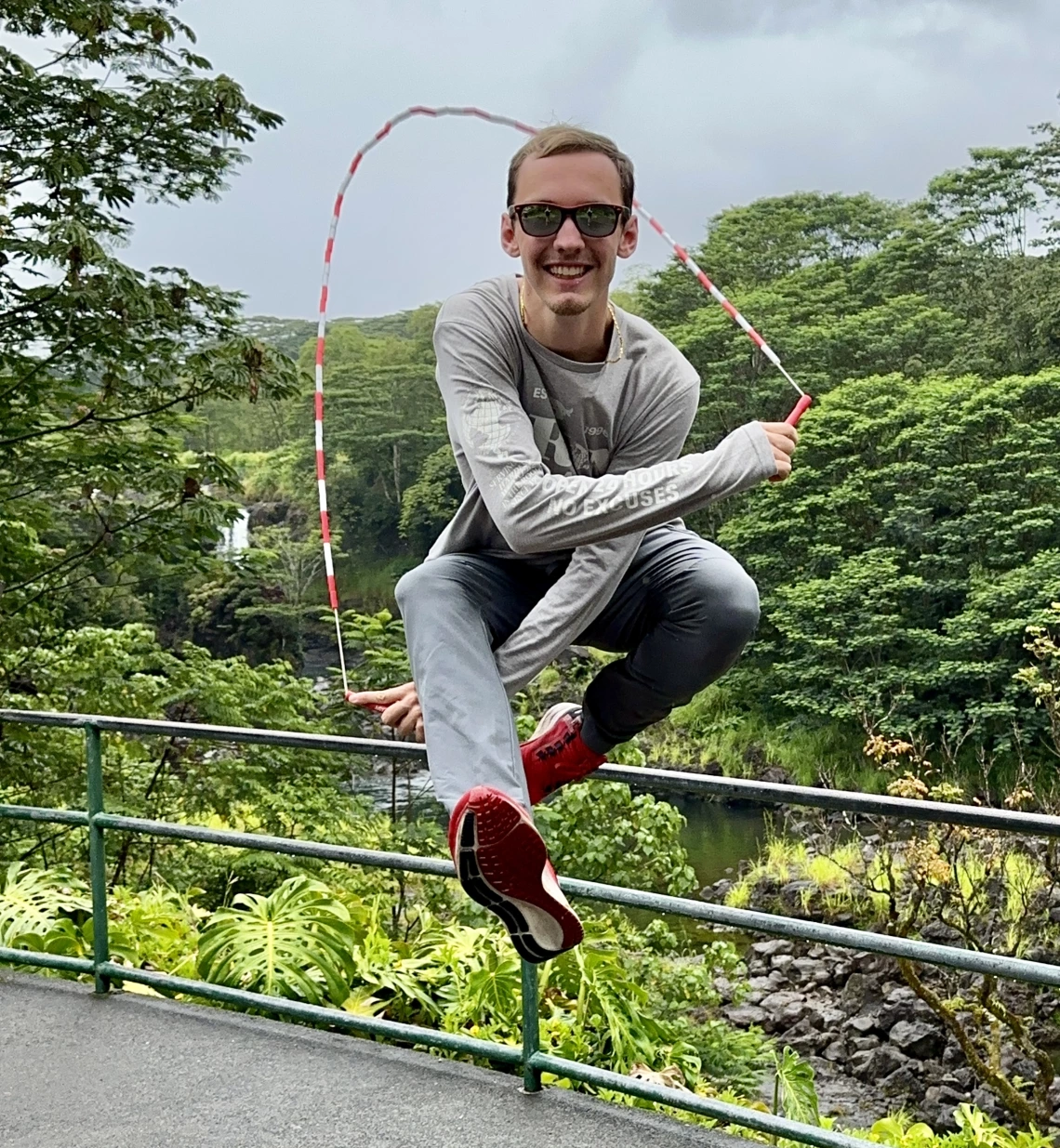 Roger Palmenberg jumping rope outside