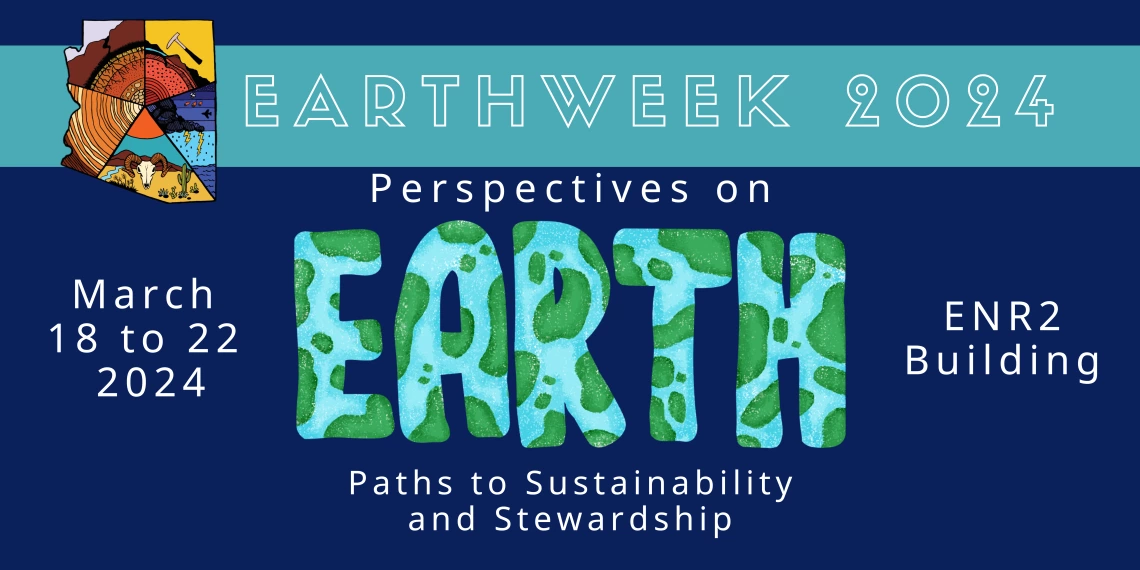 EarthWeek 2024 on light blue banner at top, Perspectives on Earth Paths to Sustainability and Stewardship March 18 to 22 2024 ENR2 Building on dark blue background
