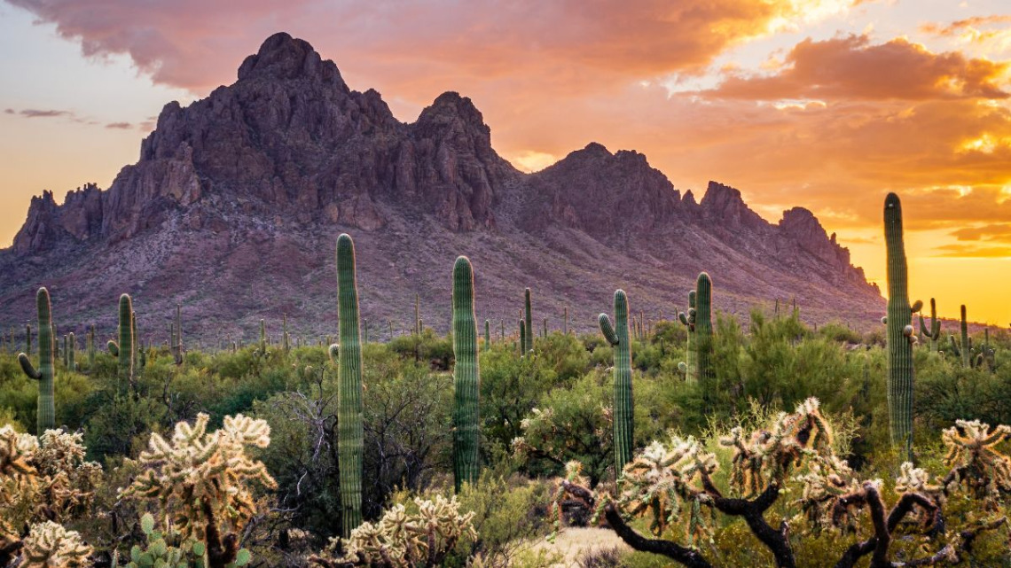 Mountains in the desert at sunset